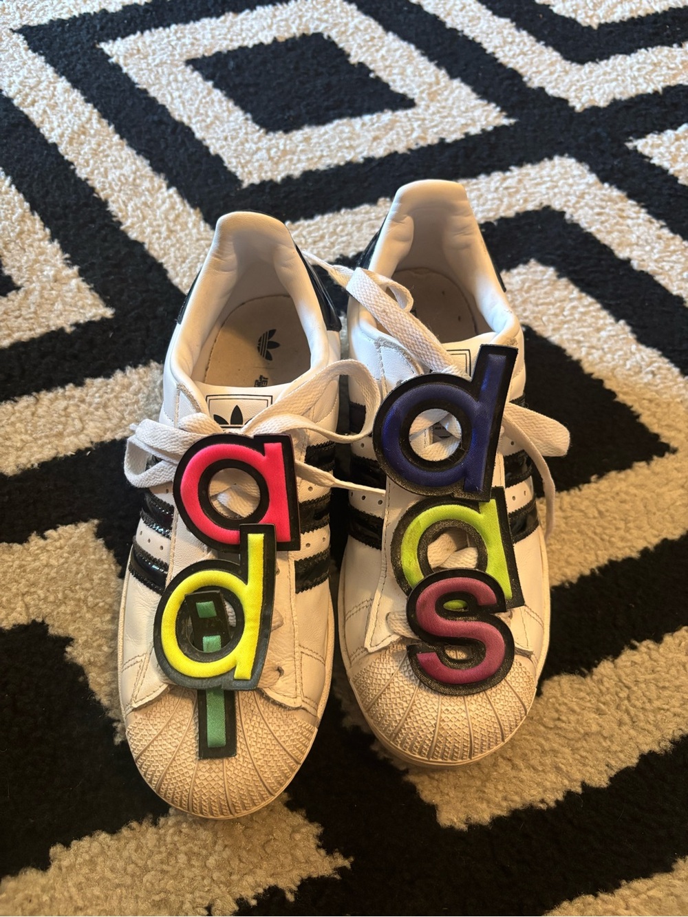 adidas Womens White and Black Sneakers with Neon Letter Charms